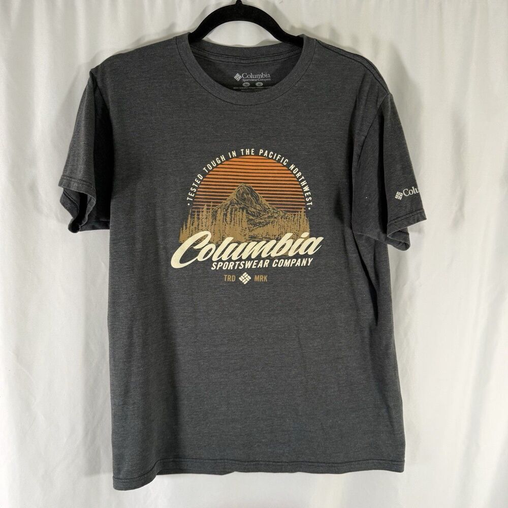 Columbia Sport Shirt Mens Medium Dark Grey Short Sleeve Mountain Print Crew Neck